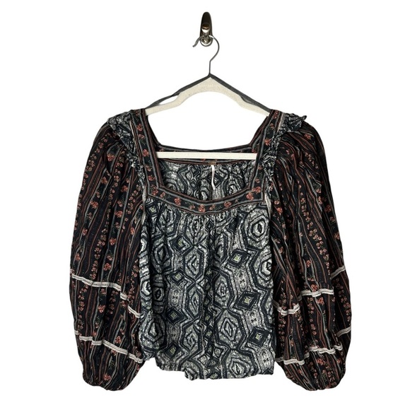 Free People Mostly Meadow Floral Blouse Top SZ S CottageCore Square Neck Boho - Picture 4 of 8